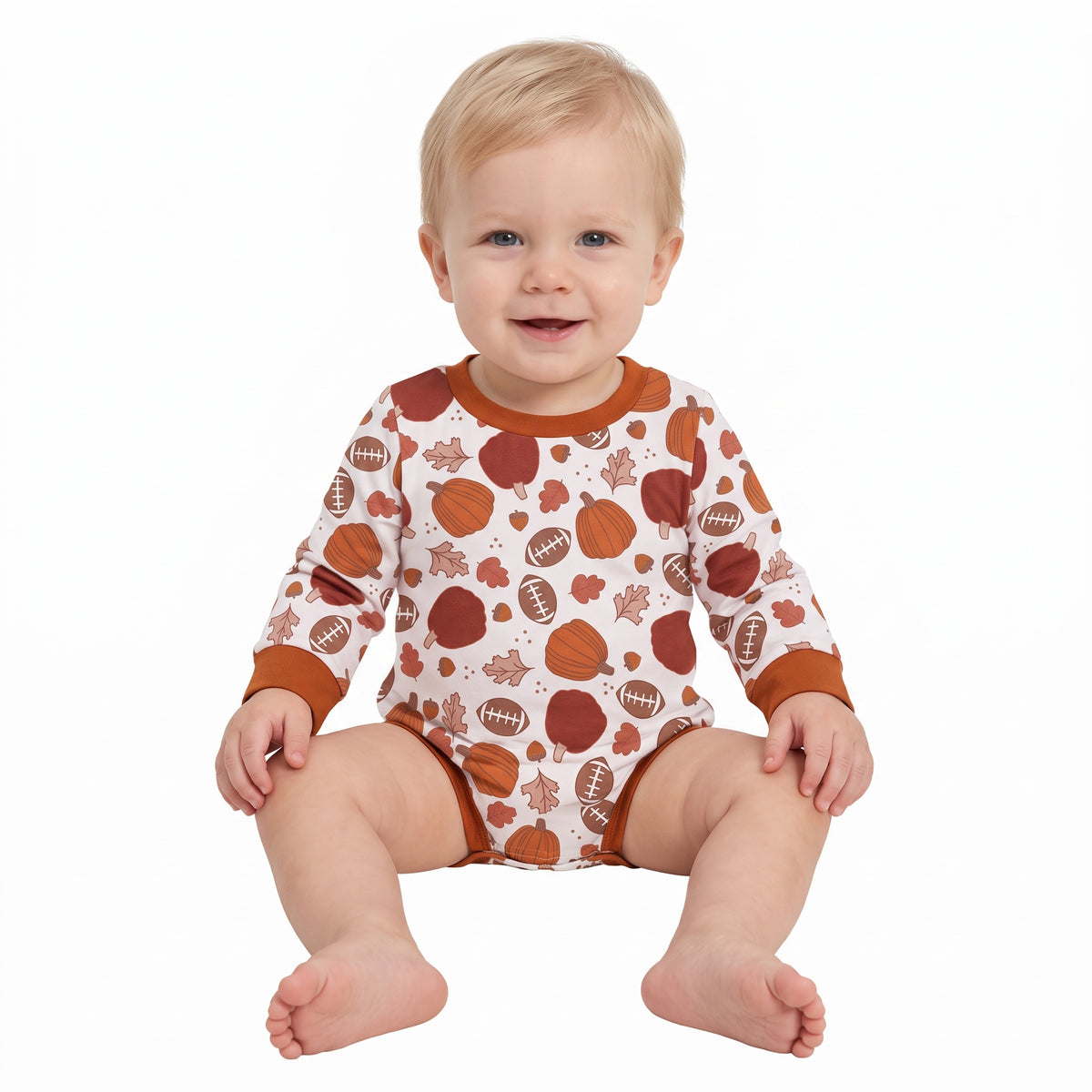 LR3235 Football Pumpkin Leaf Baby Boys Long Sleeve Bubble Romper