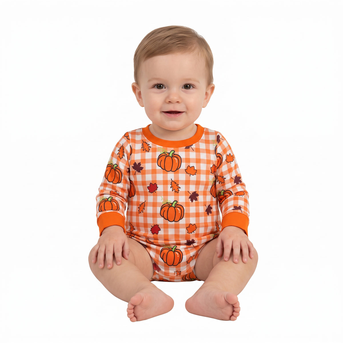 LR3236 Pumpkin Leaf Orange Checkered Baby Boys Fall Long Sleeve Bubble Romper