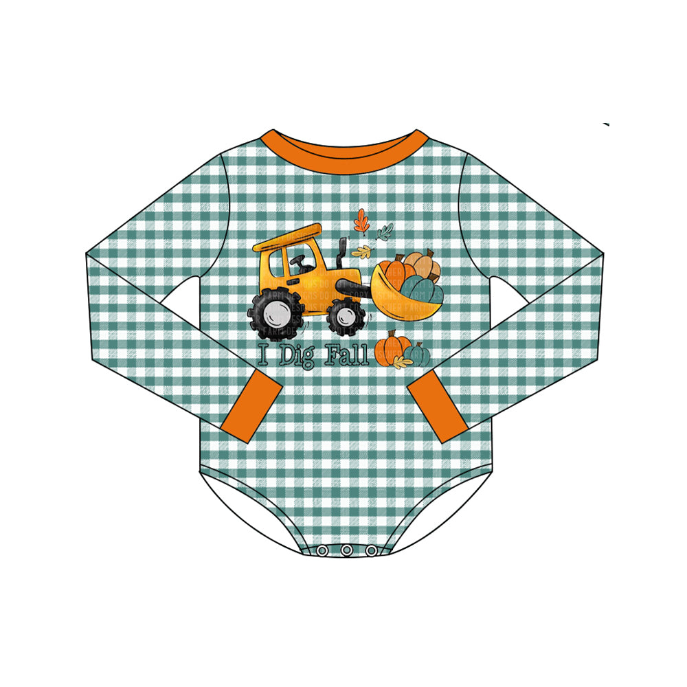 8.6 Preorder Baby Boys Green Gingham Tractor Pumpkin "I Dig Fall" Print Infant Thanksgiving Romper