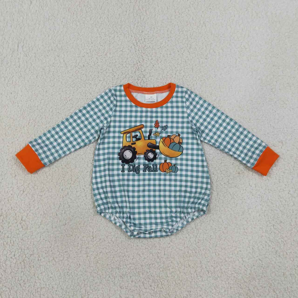 I Dig Fall Pumpkin Green Gingham Top Orange Pants Outfit +Bubble Romper for Baby Boys Sibling