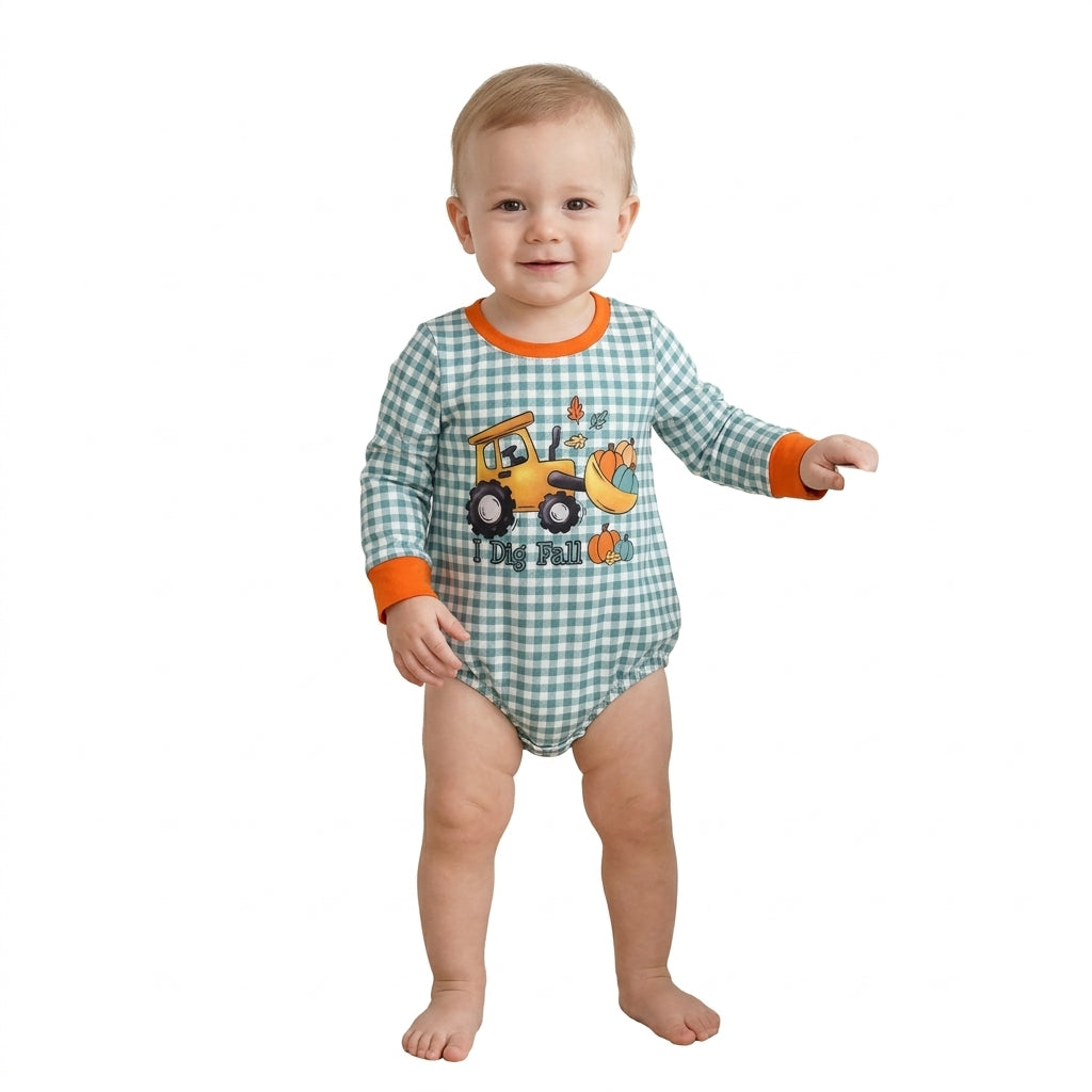 LR3237 I Dig Fall Bulldozer Pumpkin Checkered Baby Boys Fall Romper