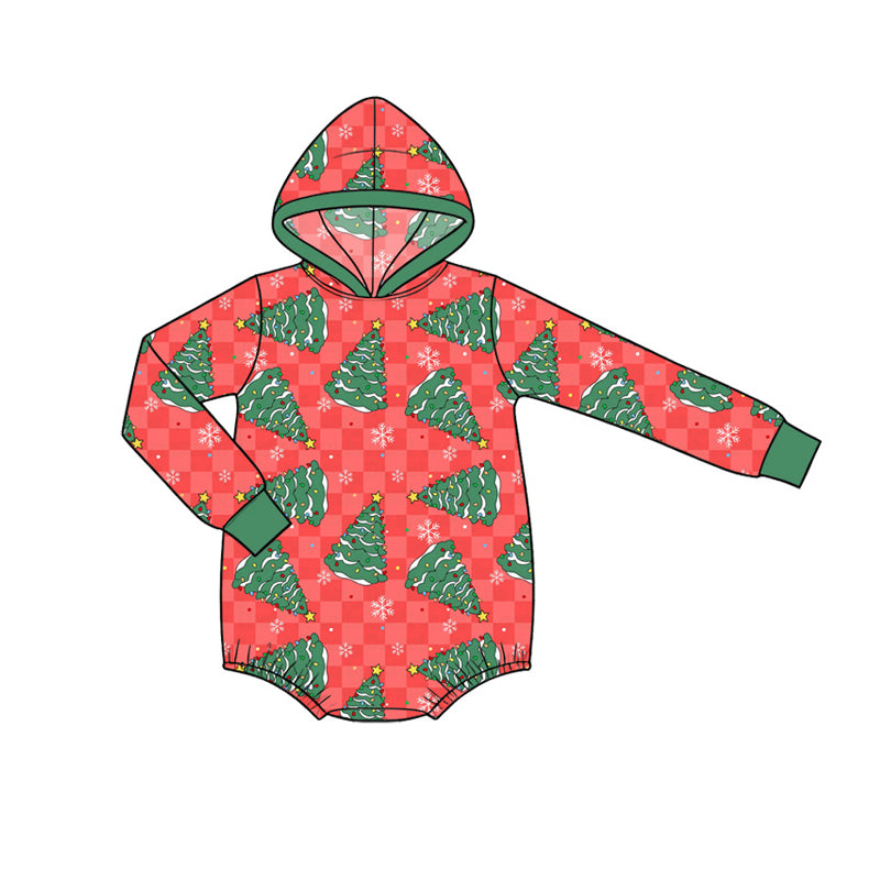 8.7 LR3245 Preorder Tree Red Checkered Print Baby Boys Christmas Hoodie Romper