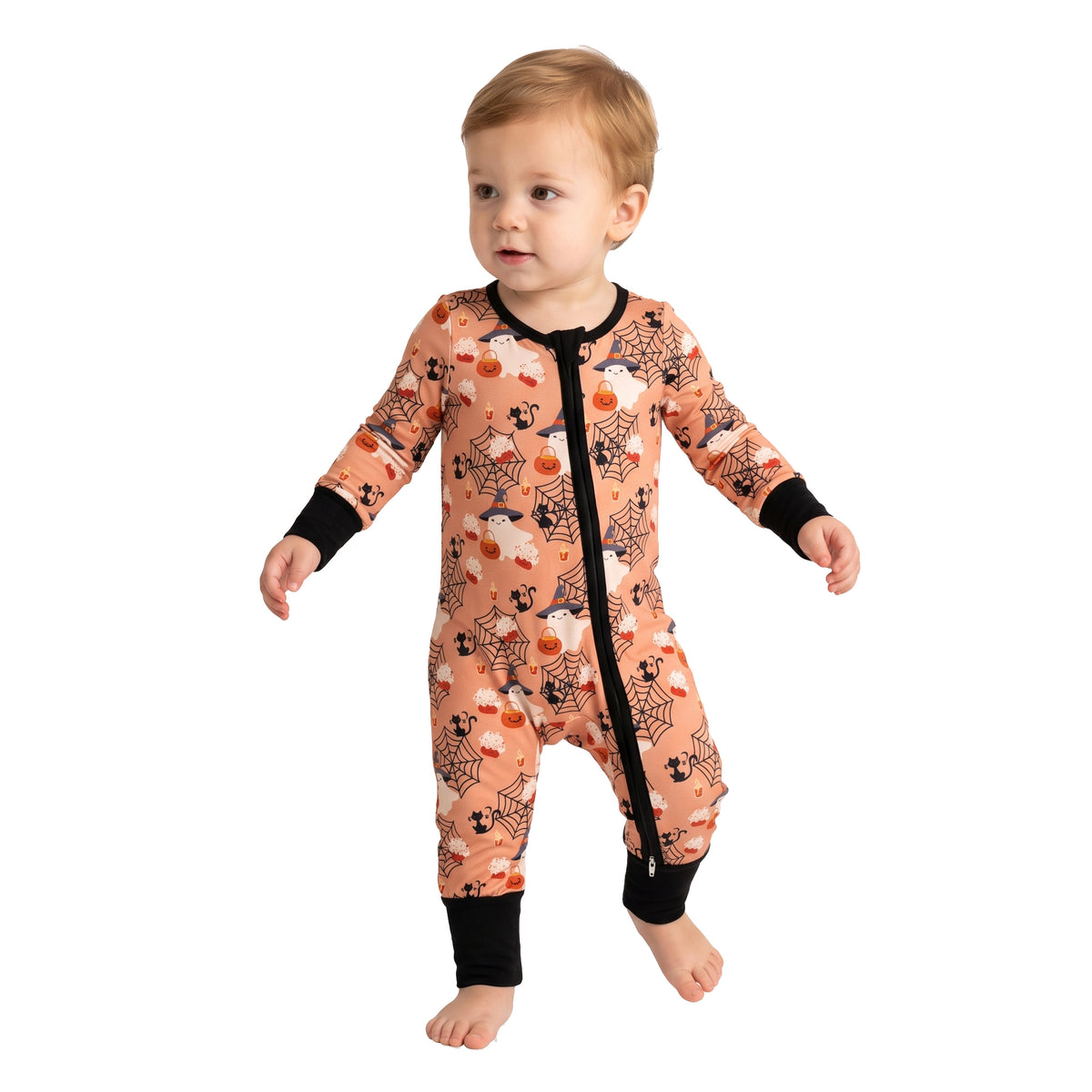 LR3250 Ghost Web Print Baby Halloween Long Sleeve Zipper Sleeper Romper