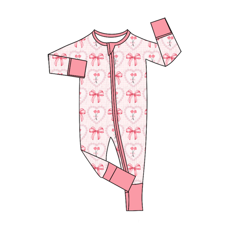 8.10 LR3256 Preorder Hearts Flowers Pink Bows Print Baby Girls Valentine's Day Long Sleeve Zipper Sleeper Romper
