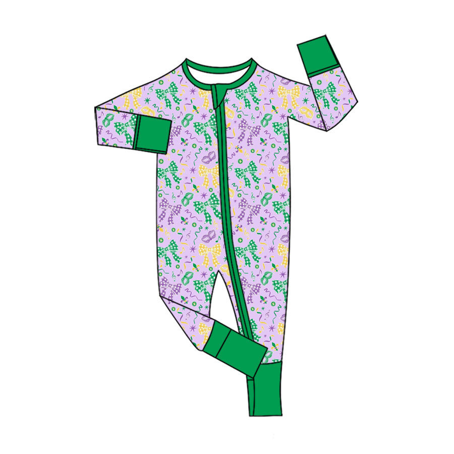 8.11 Preorder Baby Boys Mardi Gras Gingham Bow Long Sleeve Zipper Romper