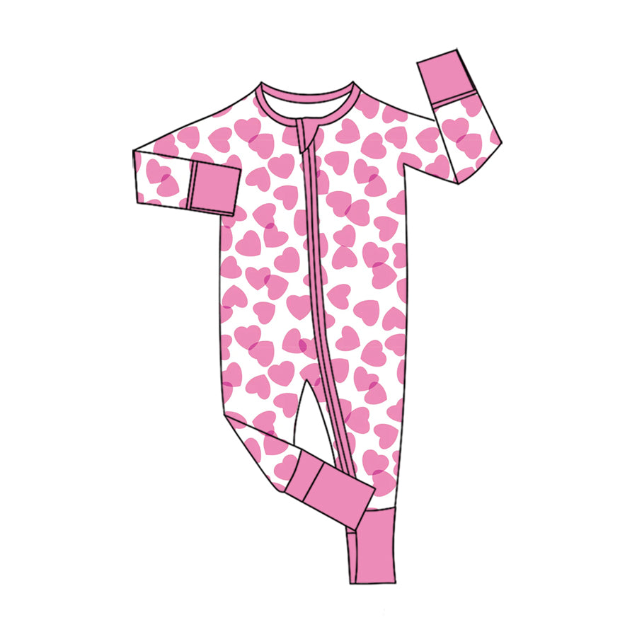 8.14 LR3296 Preorder Pink Hearts Print Baby Girls Valentine's Day Zipper Sleeper Romper