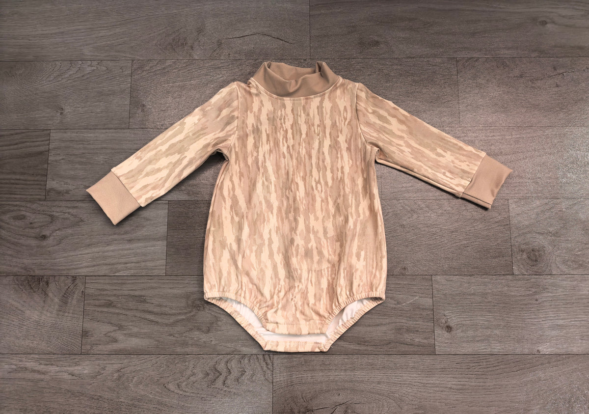 8.20 LR3306 Preorder Baby Girls Camo Olive Trim Mock Neck Romper