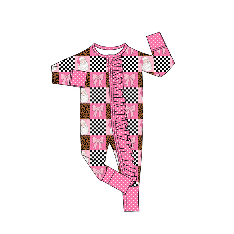 8.26 LR3310 Preorder Santa Pink Bows Checkered Print Baby Girls Christmas Zipper Sleeper Romper