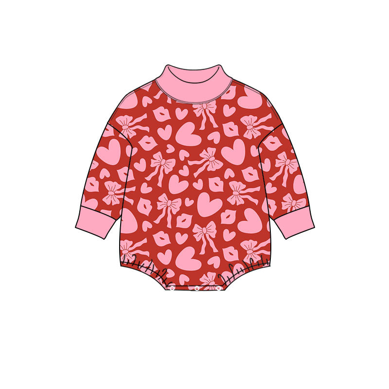 9.3 LR3328 Preorder Baby Girls Valentine Heart Bow Mock Neck Bubble Romper