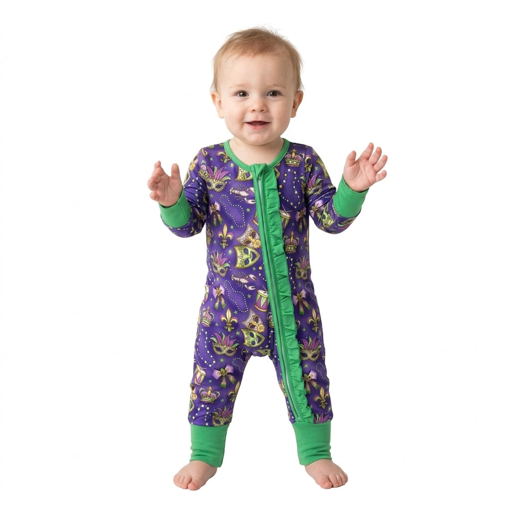 LR3334 Mask Bows Crayfish Print Baby Girls Mardi Gras Zipper Sleeper Romper