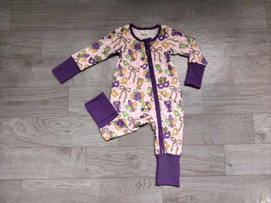 9.10 LR3335 Preorder Anchor Bows Crayfish Checkered Print Baby Girls Mardi Gras Zipper Sleeper Romper