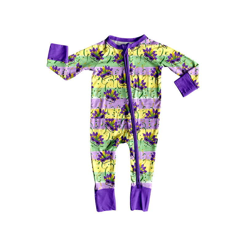 9.17 LR3354 Preorder Baby Girls Mardi Gras Mask Long Sleeve Zipper Romper