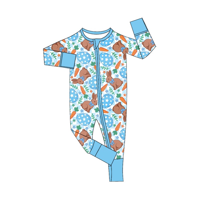 9.25 LR3371 Preorder Bunny Eggs Carrot Blue Checkered Print Baby Boys Easter Zipper Sleeve Romper