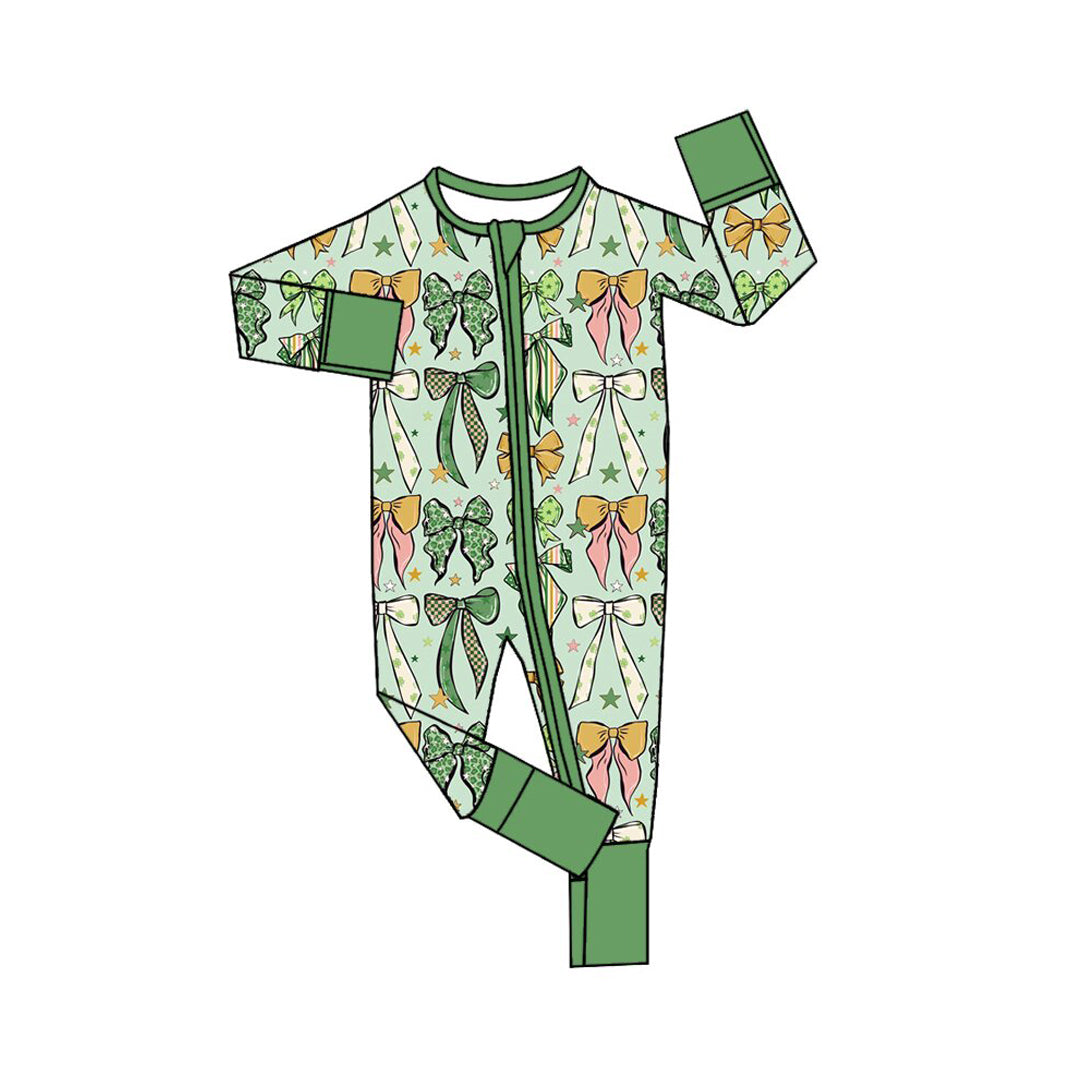 10.3 LR3384 Preorder Baby Girls Patrick's Day Bow Print Long Sleeve Zipper Romper