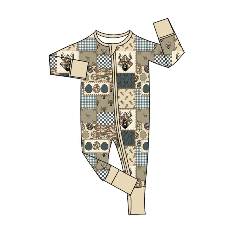 10.12 LR3393 Preorder Baby Boys Happy Easter Hunting Deer Eggs Long Sleeve Zipper Romper