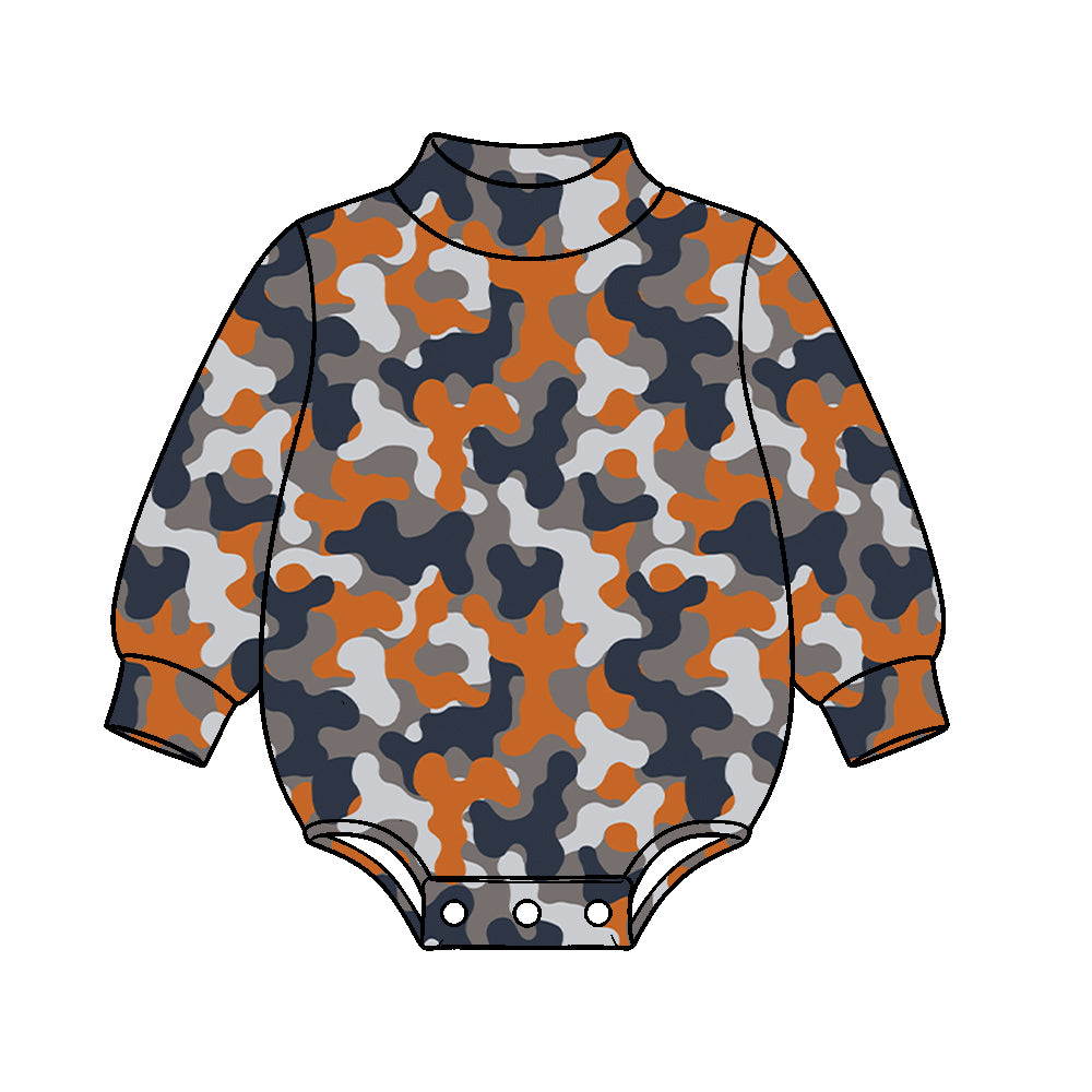 10.17 LR3394 Preorder Orange Grey Camo Print Baby Mock Neck Long Sleeve Romper