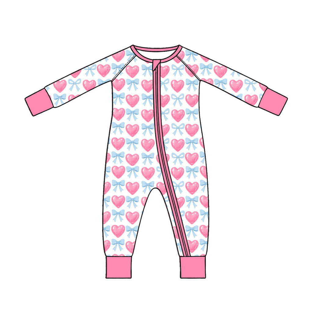 10.17 LR3408 Preorder Hearts Bows Print Baby Girls Valentine's Day Zipper Sleeper Romper