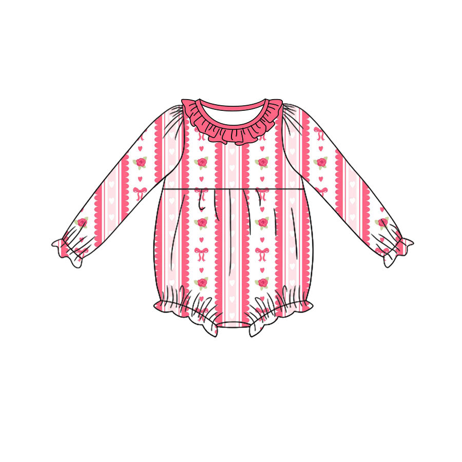 10.19 LR3410 Preorder Rose Bows Heart Pink Print Baby Girls Valentine's Day Romper