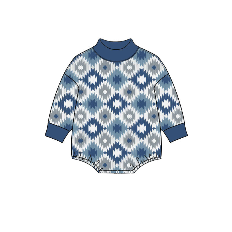 10.24 LR3421 Preorder Aztec Blue Grey Print Baby Mock Neck Long Sleeve Romper