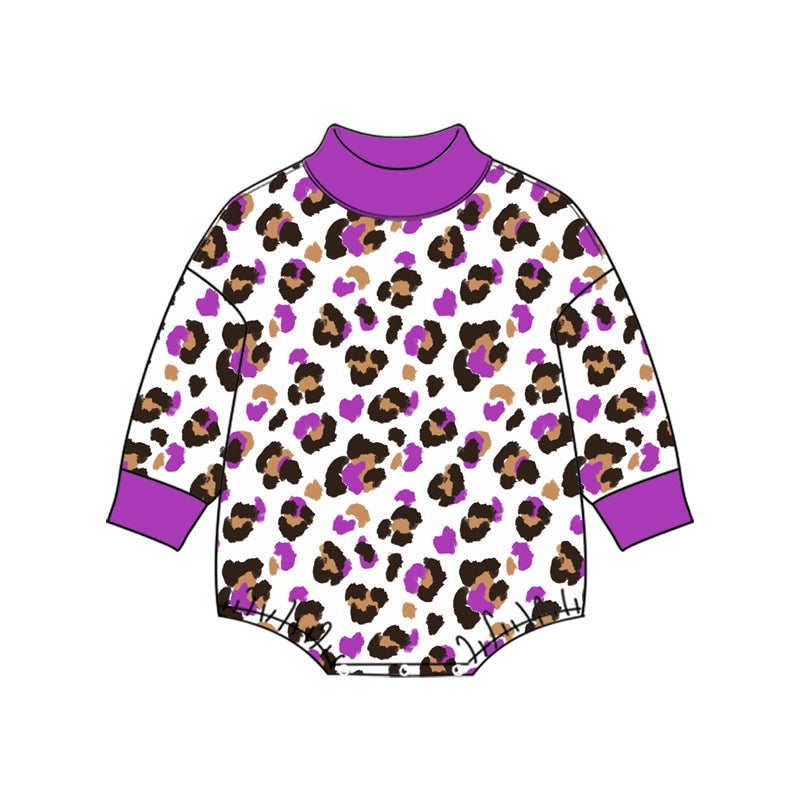 10.27 LR3430 Preorder Baby Girls Purple Leopard Mock Neck Long Sleeve Romper