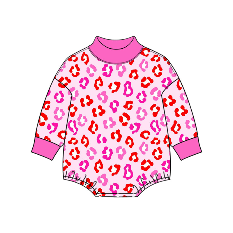 10.27 LR3431 Preorder Baby Girls Pink Leopard Mock Neck Long Sleeve Romper