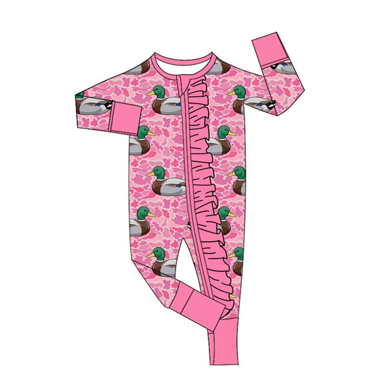 10.30 LR3441 Preorder Baby Girls Mallard Duck Pink Camo Zipper Romper