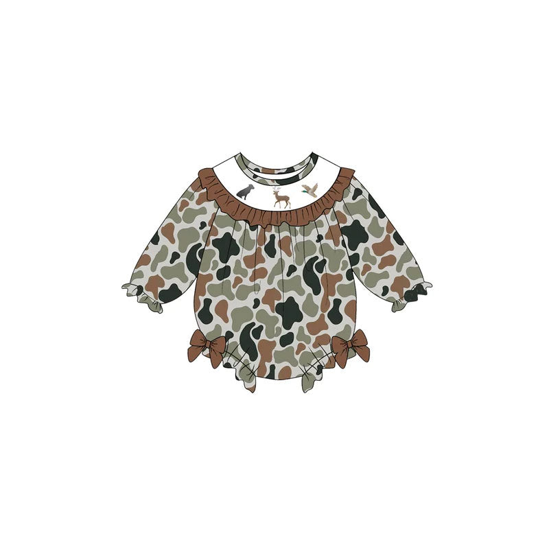 10.30 LR3445 Preorder Duck Dog Deer Camo Print Baby Girls Long Sleeve Romper