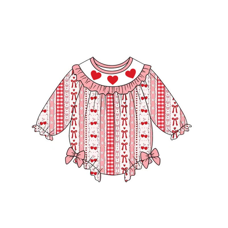 10.30 LR3448 Preorder Hearts Red Cherry Bows Print Baby Girls Valentine's Day Romper