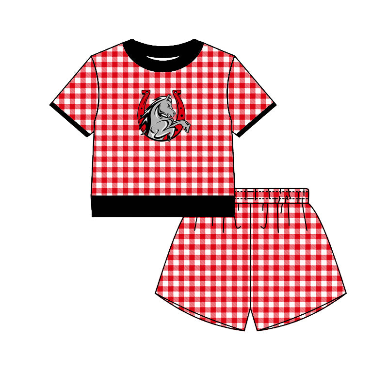 (Custom Design Preorder MOQ 5) Teams Lake Belton Broncos Top Red Checkerd Shorts Mommy and Me Summer Yoga Clothes Set