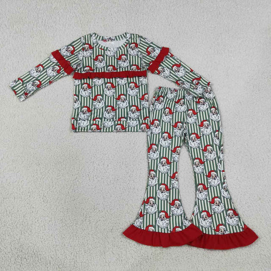 GLP3452 Santa Green Stripes Ruffle Top Bell Pants Girls Christmas Clothes Set
