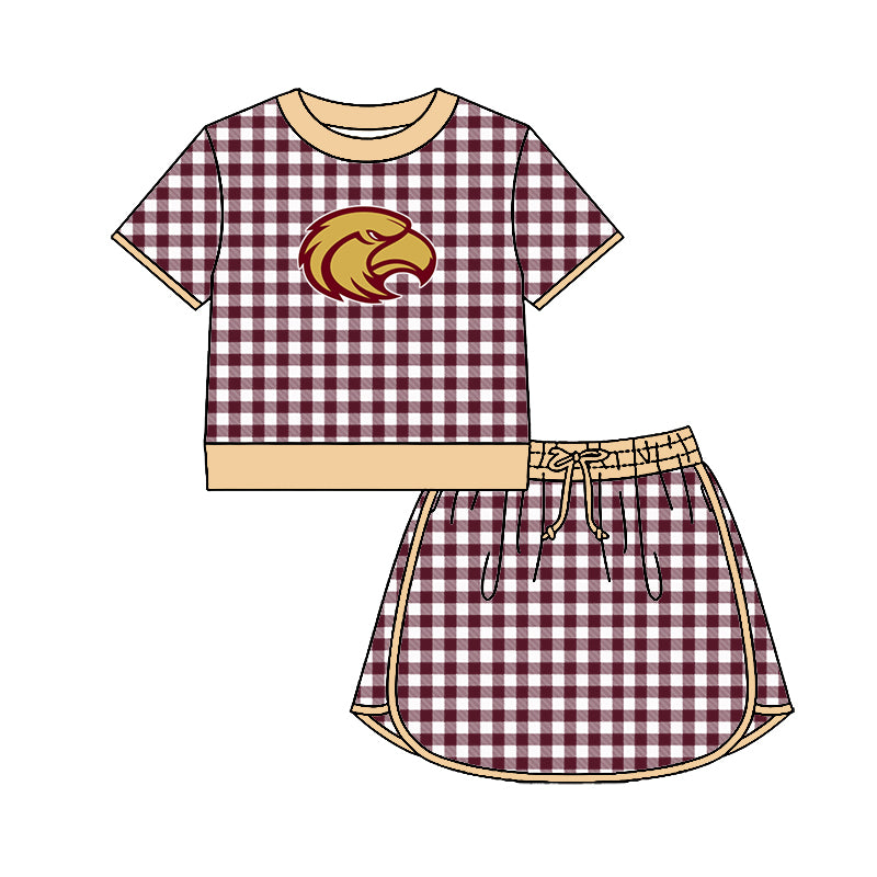 (Custom Design Preorder MOQ 5) Teams Milano Eagles Top Wine Checkerd Skort Girls Summer Yoga Clothes Set