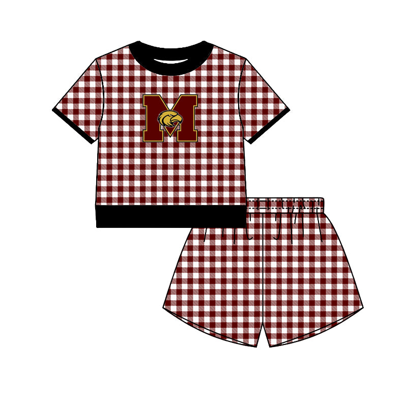 (Custom Design Preorder MOQ 5) Teams Milano Eagles Black Edge Top Wine Checkerd Shorts Mommy and Me Summer Yoga Clothes Set