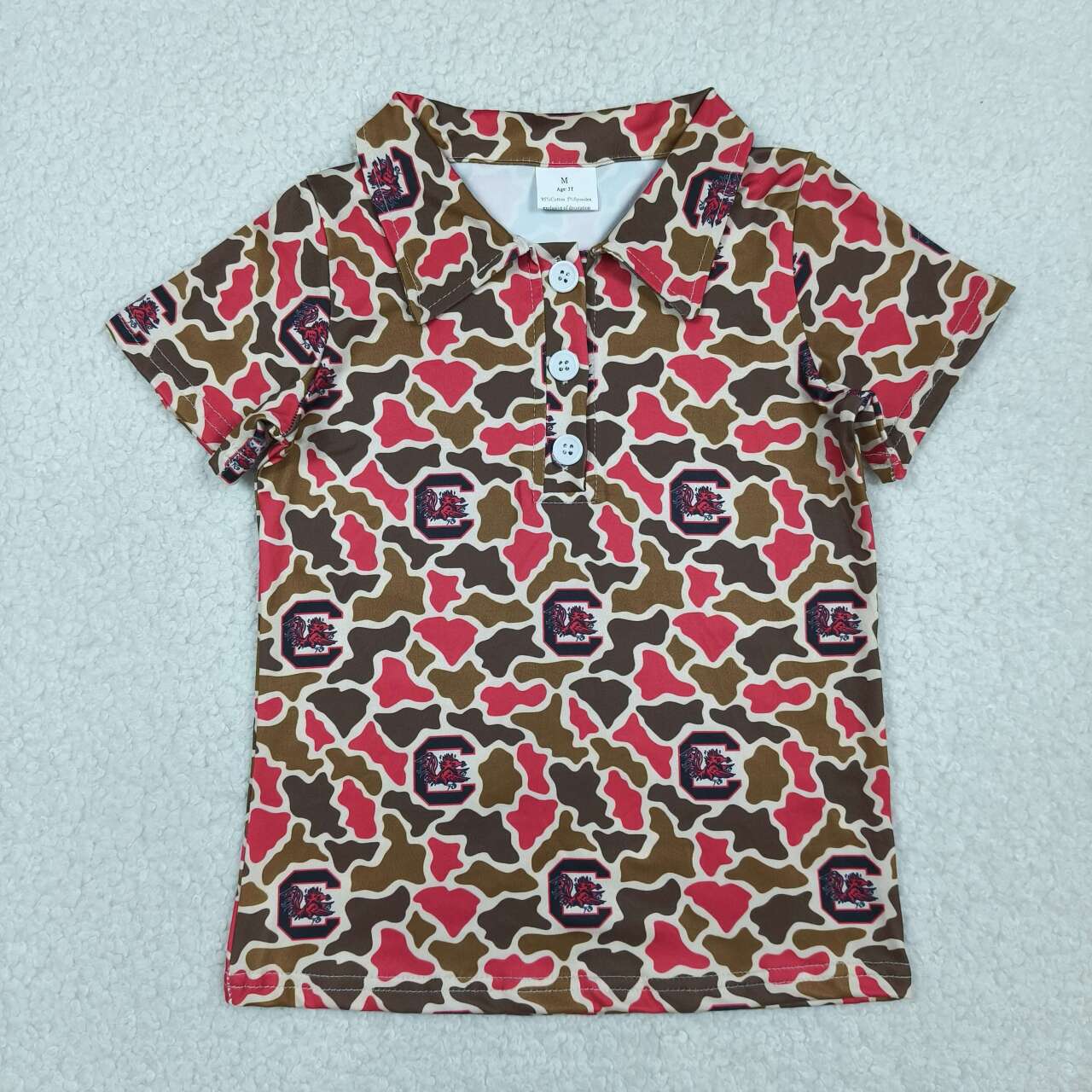 Teams Gamecock Camo Print Boys Short Sleeve Button Polo Tee Shirts Top