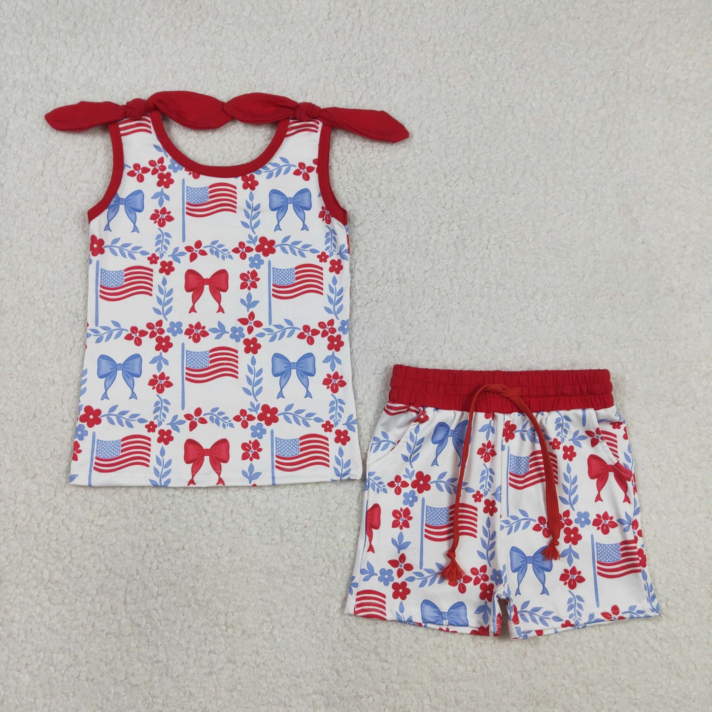 Baby Girls July 4th Red Bow Bow USA Flag Shorts Outfit