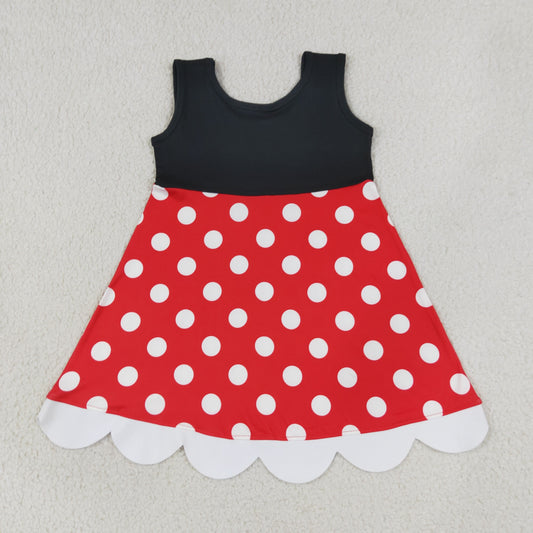GSD2037 Cartoon Mouse Dots Print Girls Sleeveless Summer Knee Length Scalloped Dress