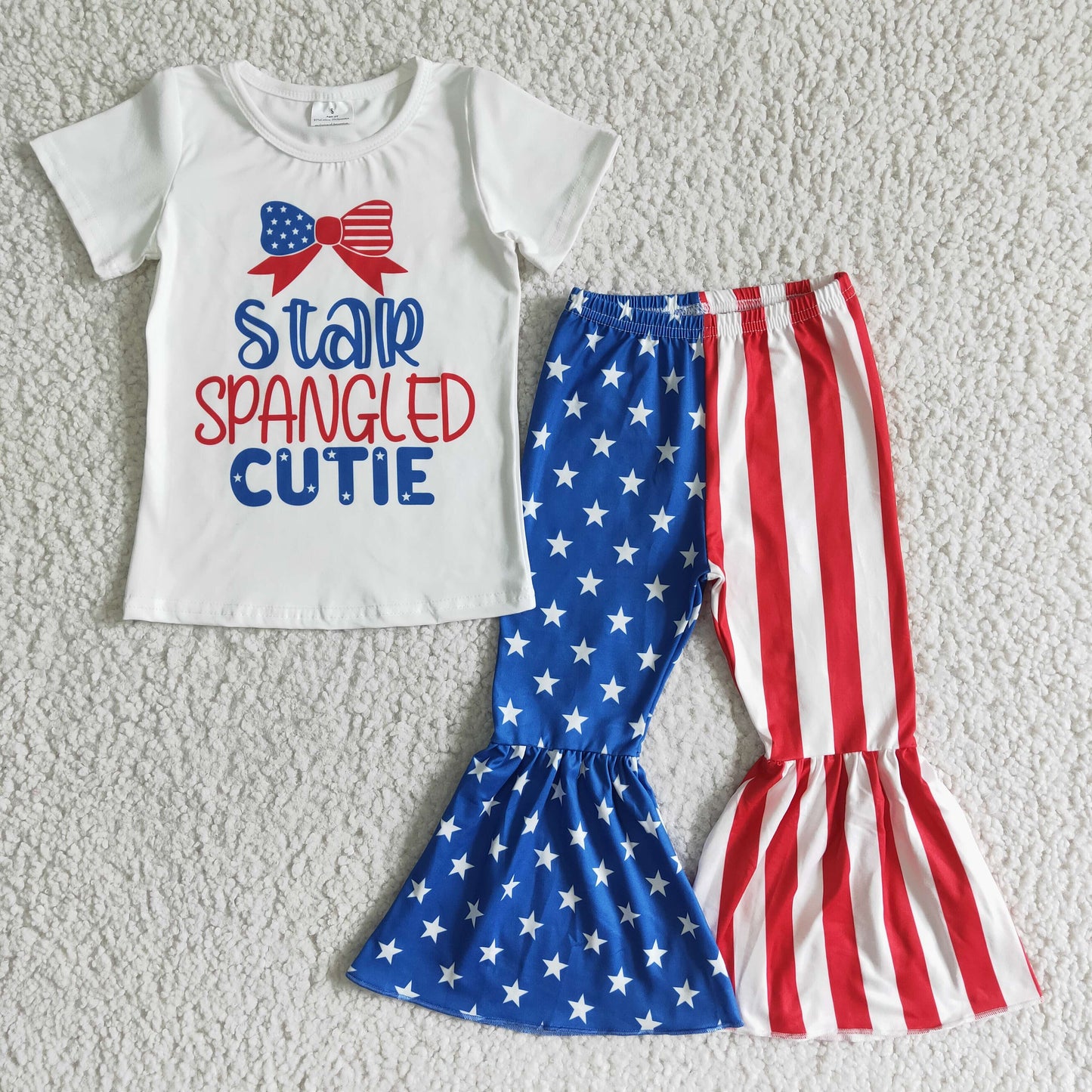 (Promotion)NC0006 Cutie White Top Stars Stripes Bell Pants Girls 4th of July Clothes Set