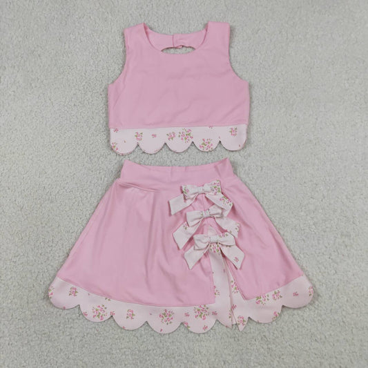 Pink Tank Top Bows Skort Girls Scallop Yoga Clothes Set
