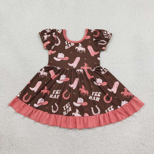GSD0748 YEE HAW Cowgirl Hat Boots Print Girls Western Knee Length Dress