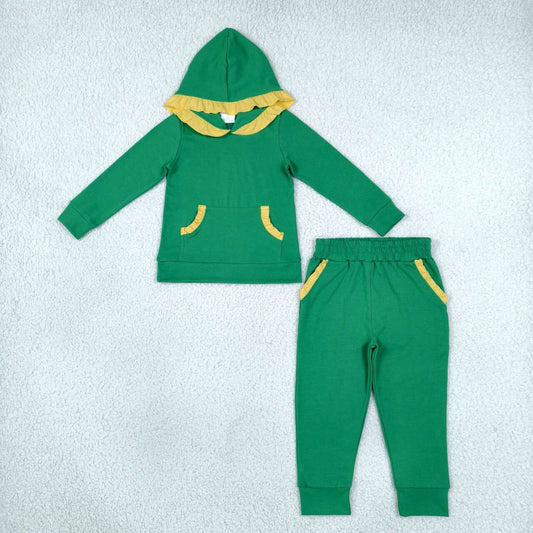 GLP3569 Green Cotton Yellow Ruffles Hoodie Top Pockets Joggers Pants Girls Clothes Set