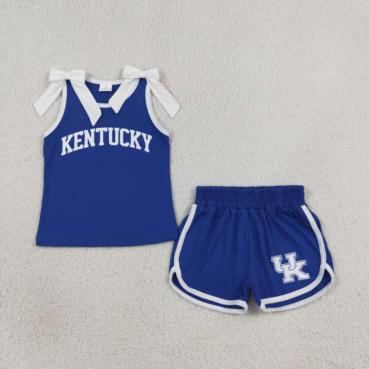GSSO3830 Teams Kentucky Vinyl Bows Blue Vest Top Pockets Shorts Girls Cotton Clothes Set