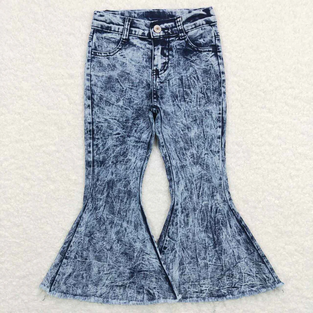 Toddler Girls Acid Wash Denim Bell Bottoms, Frayed Hem Flare Jeans for Kids