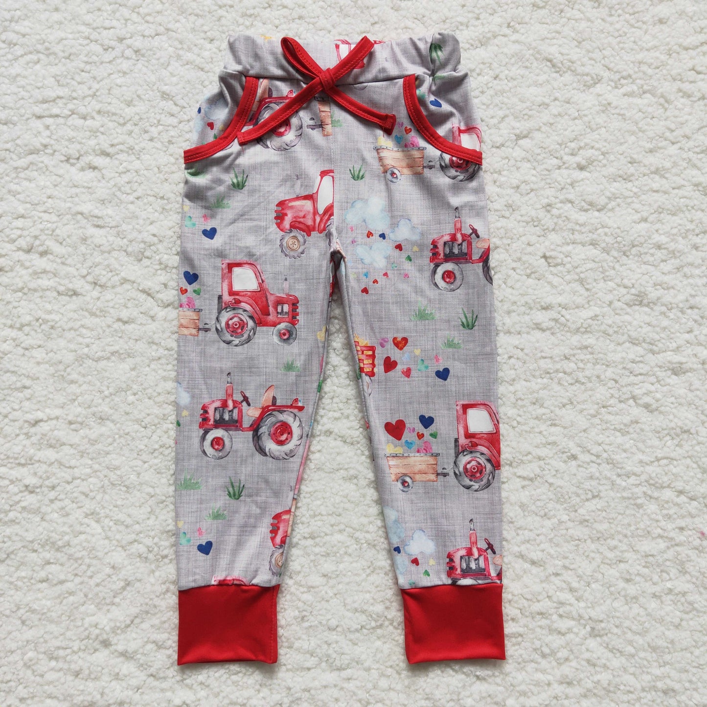 Kids heart tractor print Valentine's Day pants P0036