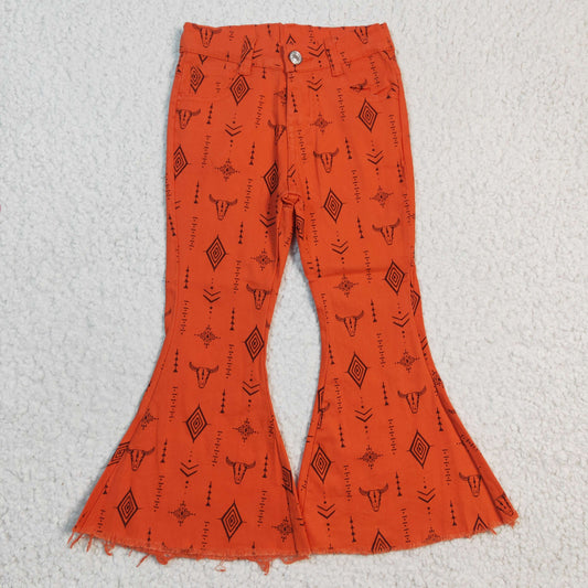 Western Baby Girls Cow Print Orange Bell Bottom Deim Pants