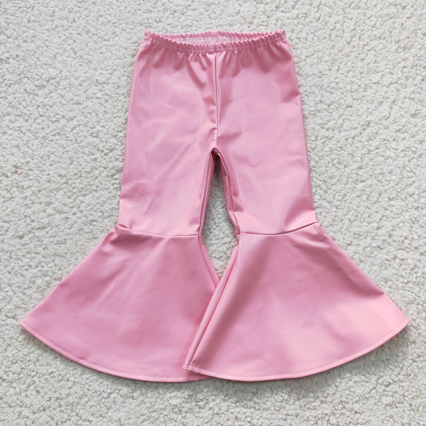 Girls pink leather ruffle bell pants P0049