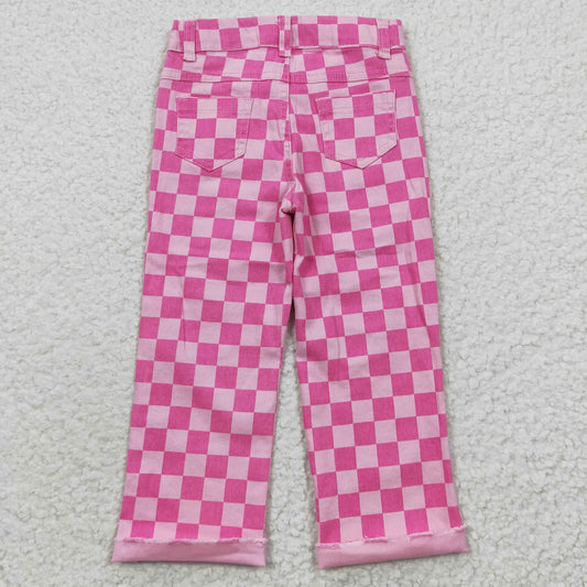 P0096 Pink Plaid Denim Hole Bottoms Jeans Kids Pants