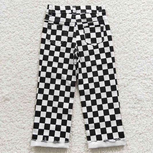 P0122 Black Plaid Denim Hole Jeans Boys Bottom Pants