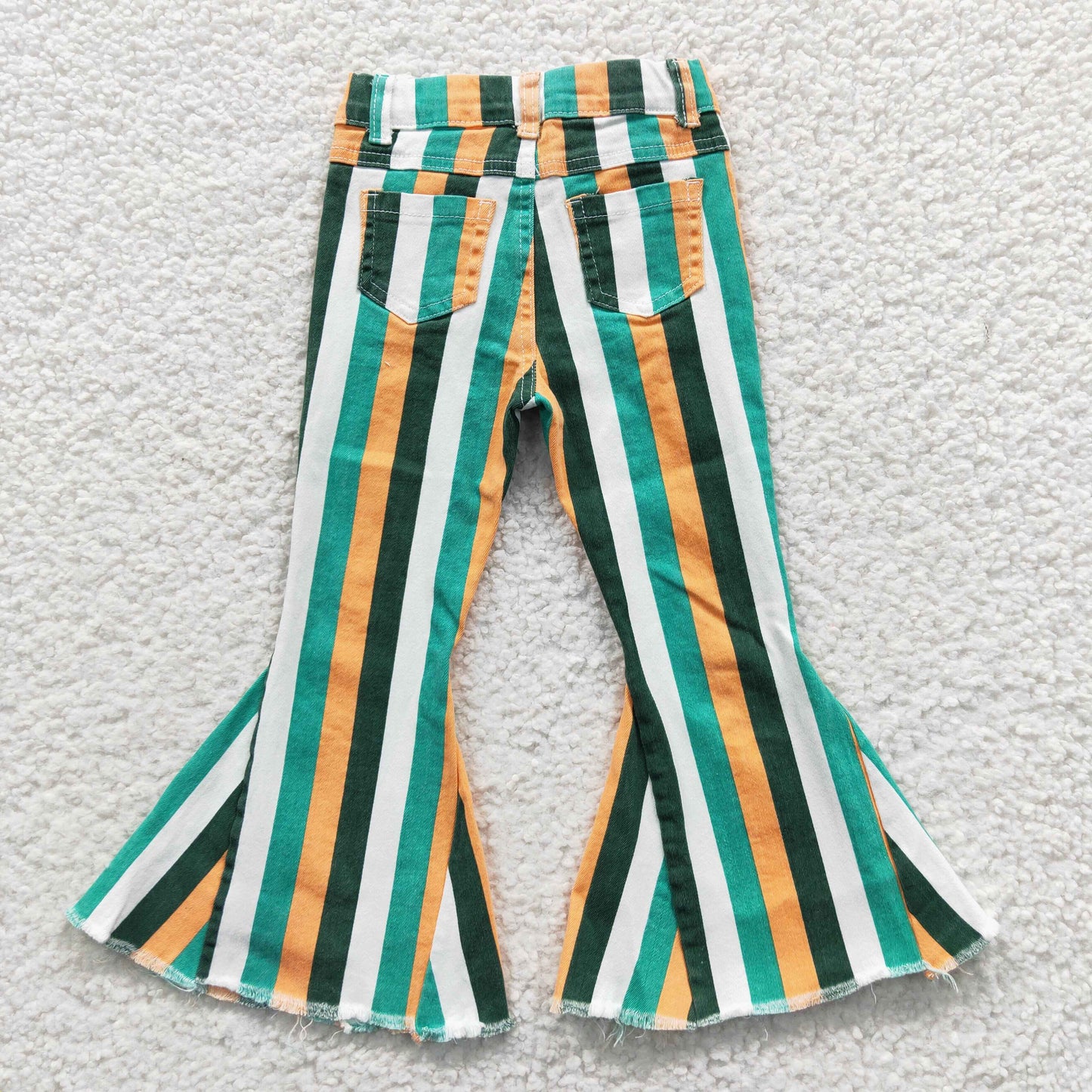 P0131 Green Gold White Stripes Denim Bell Bottom Jeans Girls Pants