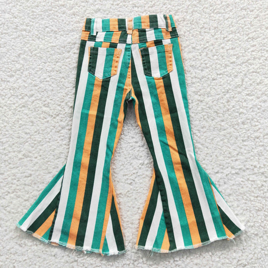 P0131 Green Gold White Stripes Denim Bell Bottom Jeans Girls Pants