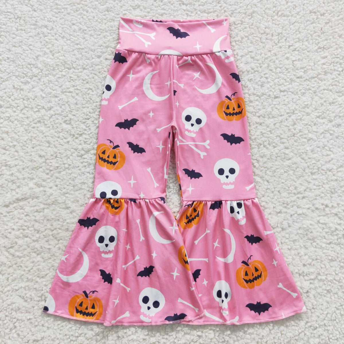 P0218 Skull Pumpkin Pink Baby Girls Halloween Bell Bottom Pants