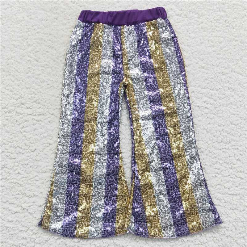 P0276 Gold Purple Stripes Baby Girls Sequins Mardi Gras Pants